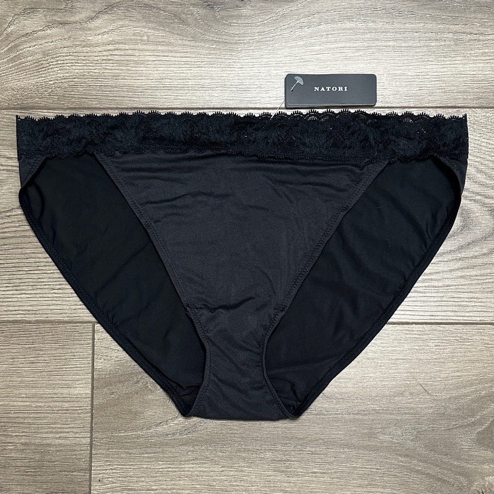 Natori Discreet Everyday Bikini Panty Stretch Jersey Lace Trim Black Size XL